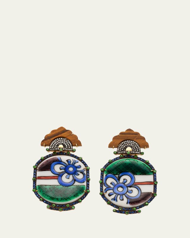 Yellow Gold Ceramic Earrings with White and Black Diamonds, Blue Sapphire, Tsavorite and Tigers Eye